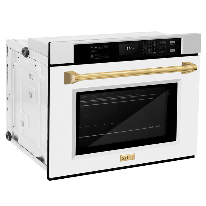 ZLINE 30" Autograph Single Wall Oven with Air Fry and Self-Clean in Stainless Steel with White Matte Door and Gold Handle, WASZ-WM-30-G