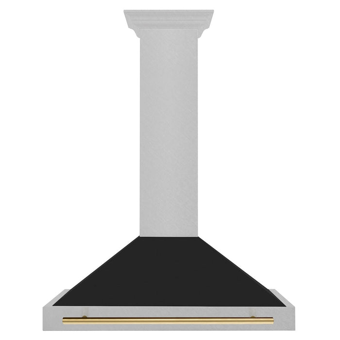 ZLINE Autograph Edition Convertible Fingerprint Resistant DuraSnow® Stainless Steel Range Hood with Black Matte Shell and Polished Gold Handle (KB4SNZ-BLM-G)