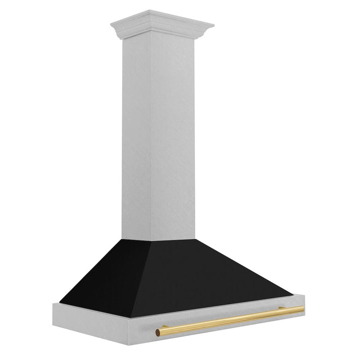 ZLINE Autograph Edition Convertible Fingerprint Resistant DuraSnow® Stainless Steel Range Hood with Black Matte Shell and Polished Gold Handle (KB4SNZ-BLM-G) Polished Gold, side.