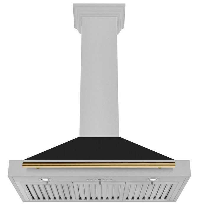 ZLINE Autograph Edition Convertible Fingerprint Resistant DuraSnow® Stainless Steel Range Hood with Black Matte Shell and Polished Gold Handle (KB4SNZ-BLM-G)