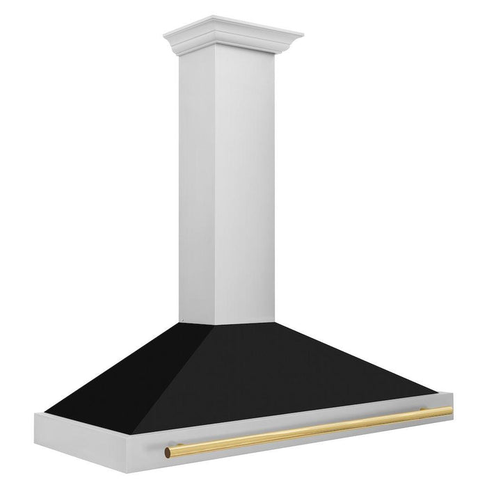 ZLINE Autograph Edition Convertible Stainless Steel Range Hood with Black Matte Shell and Polished Gold Handle (KB4STZ-BLM-G) Polished Gold, side.