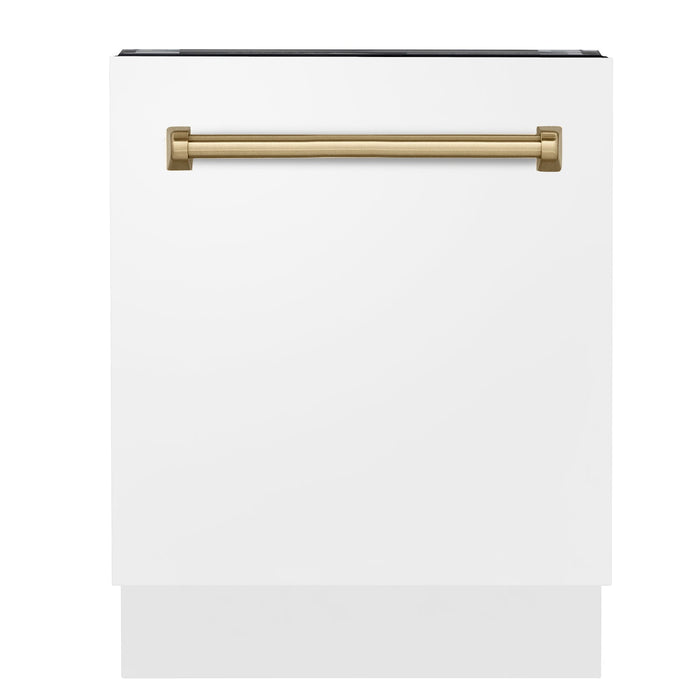 ZLINE Autograph Edition 24 in. 3rd Rack Top Control Tall Tub Dishwasher in White Matte with Champagne Bronze Accent Handle, 51dBa (DWVZ-WM-24-CB)