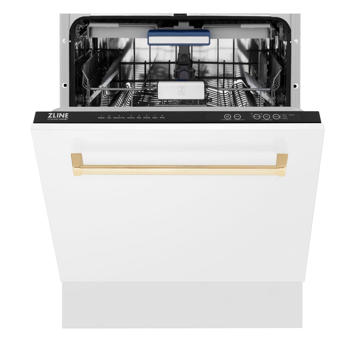 ZLINE Autograph Edition 24 in. Tallac Series 3rd Rack Top Control Built-In Tall Tub Dishwasher in White Matte with Polished Gold Handle, 51dBa (DWVZ-WM-24-G)