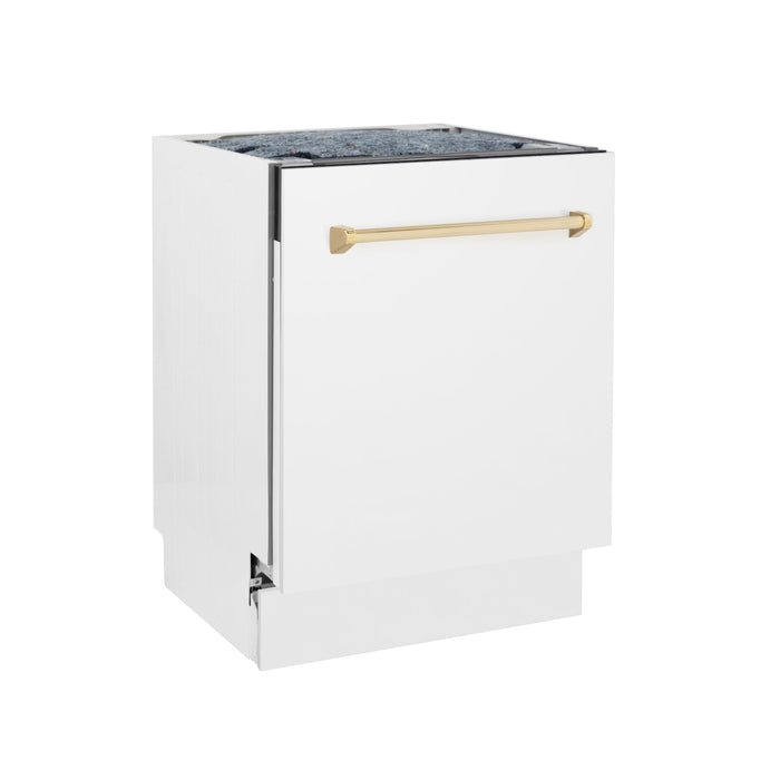 ZLINE Autograph Edition 24 in. Tallac Series 3rd Rack Top Control Built-In Tall Tub Dishwasher in White Matte with Polished Gold Handle, 51dBa (DWVZ-WM-24-G)