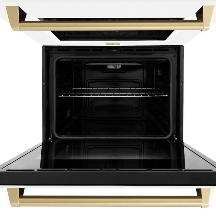 ZLINE Autograph Edition 30 in. Professional True Convection Double Wall Oven with Air Fry and Self Clean in Stainless Steel with White Matte Doors and Champagne Bronze Handles (WADZ-WM-30-CB)