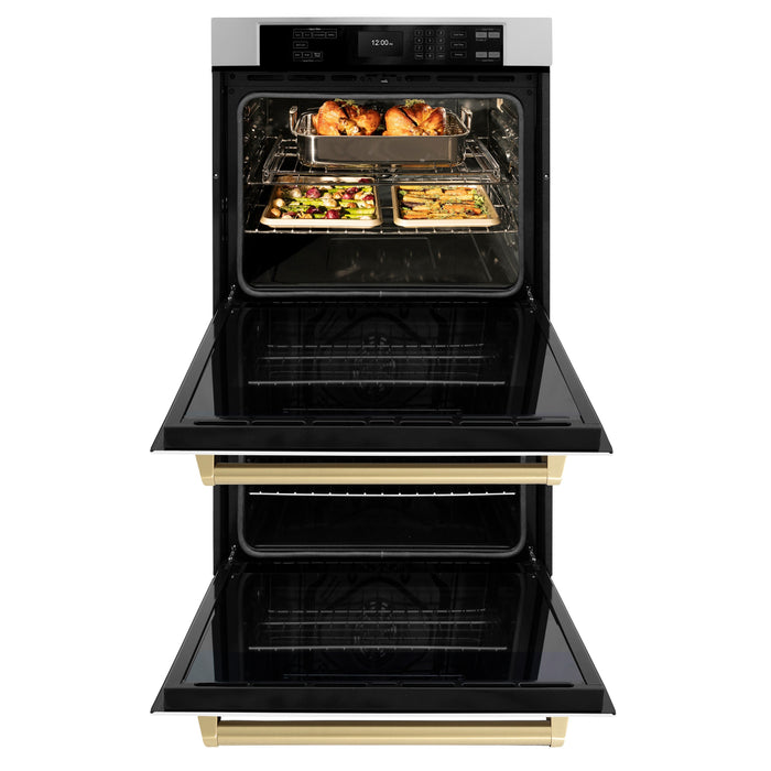 ZLINE 30" Autograph Double Wall Oven with Air Fry and Self-Clean in Stainless Steel with White Matte Door and Champagne Bronze Handle, WADZ-WM-30-CB