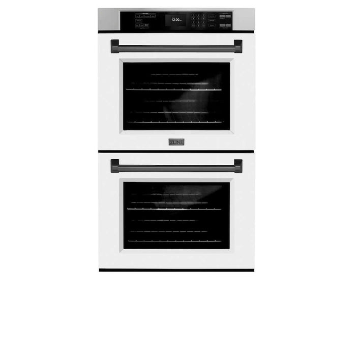 ZLINE Autograph Edition 30 in. Professional True Convection Double Wall Oven with Air Fry and Self Clean in Stainless Steel with White Matte Doors and Matte Black Handles (WADZ-WM-30-MB)