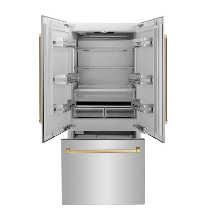 ZLINE Autograph Bronze Package - 36" Rangetop, 36" Range Hood, Dishwasher, Built-In Refrigerator, Microwave Oven