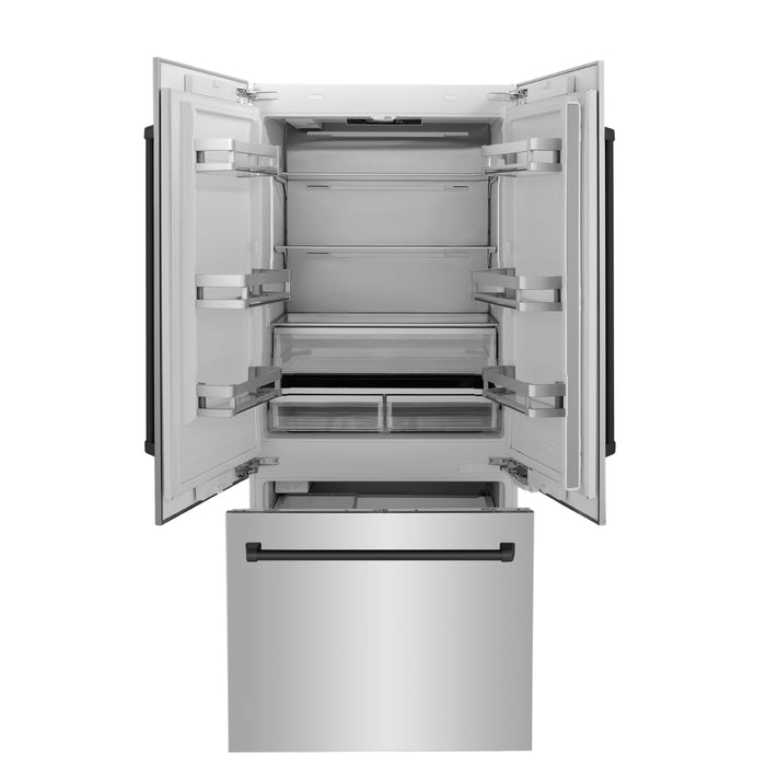 ZLINE Autograph Matte Black Package - 36" Rangetop, 36" Range Hood, Dishwasher, Built-In Refrigerator