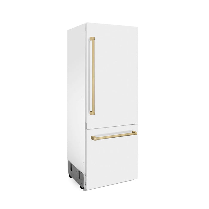 ZLINE Autograph Edition 30 in. 16.1 cu. ft. Built-in 2-Door Bottom Freezer Refrigerator with Internal Water and Ice Dispenser in White Matte with Champagne Bronze Accents (RBIVZ-WM-30-CB)