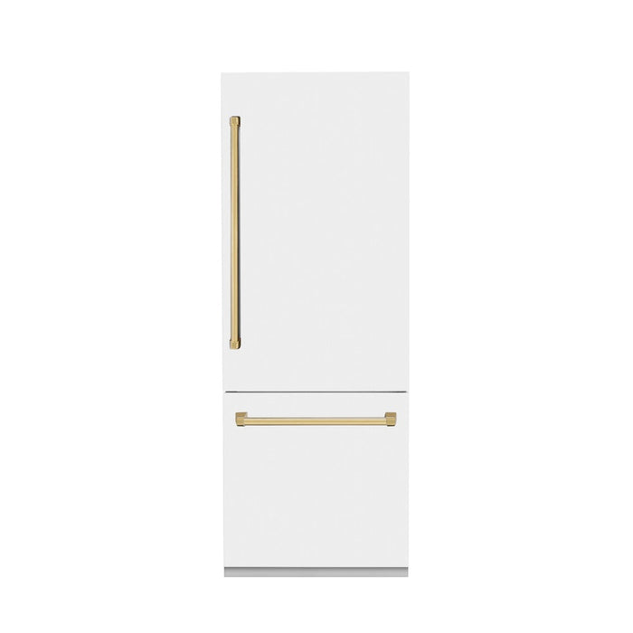 ZLINE Autograph Edition 30 in. 16.1 cu. ft. Built-in 2-Door Bottom Freezer Refrigerator with Internal Water and Ice Dispenser in White Matte with Polished Gold Accents (RBIVZ-WM-30-G)