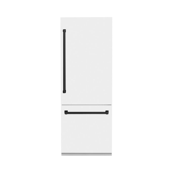 ZLINE Autograph Edition 30 in. 16.1 cu. ft. Built-in 2-Door Bottom Freezer Refrigerator with Internal Water and Ice Dispenser in White Matte with Matte Black Accents (RBIVZ-WM-30-MB)