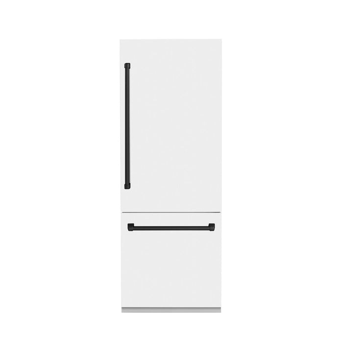 ZLINE Autograph Edition 30 in. 16.1 cu. ft. Built-in 2-Door Bottom Freezer Refrigerator with Internal Water and Ice Dispenser in White Matte with Matte Black Accents (RBIVZ-WM-30-MB)