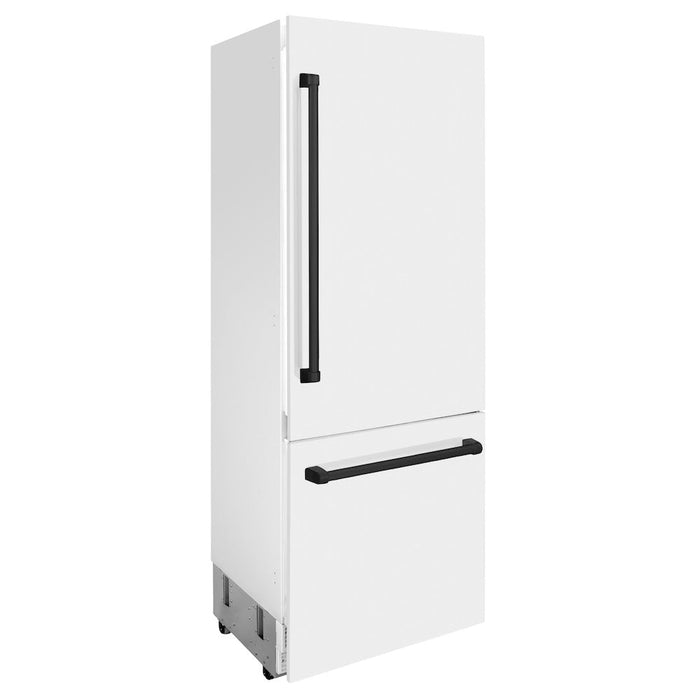 ZLINE Autograph Edition 30 in. 16.1 cu. ft. Built-in 2-Door Bottom Freezer Refrigerator with Internal Water and Ice Dispenser in White Matte with Matte Black Accents (RBIVZ-WM-30-MB)