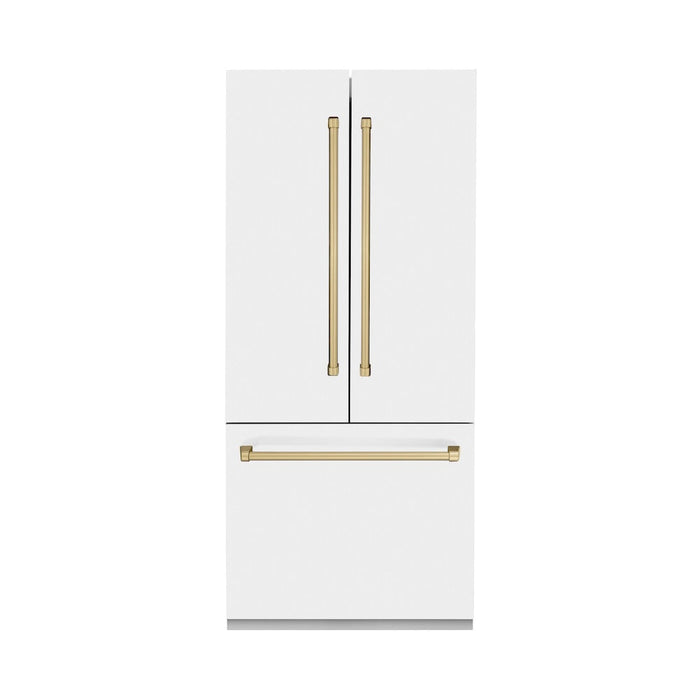 ZLINE Autograph Edition 36 in. 19.6 cu. ft. Built-in 3-Door French Door Refrigerator with Internal Water and Ice Dispenser in White Matte with Champagne Bronze Accents (RBIVZ-WM-36-CB)