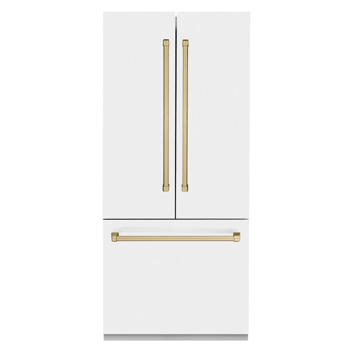 ZLINE Autograph Edition 36 in. 19.6 cu. ft. Built-in 3-Door French Door Refrigerator with Internal Water and Ice Dispenser in White Matte with Champagne Bronze Accents (RBIVZ-WM-36-CB)