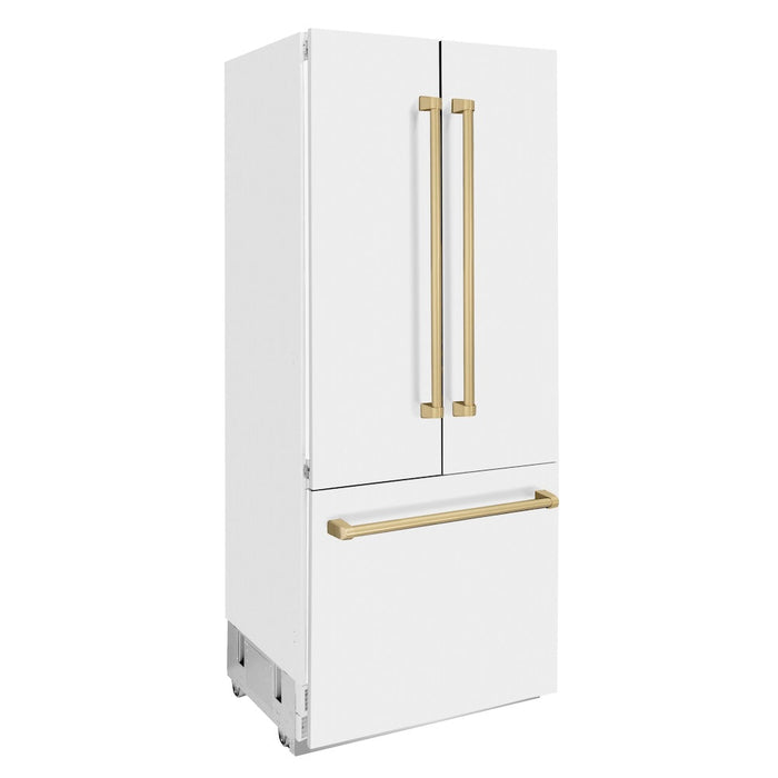 ZLINE Autograph Edition 36 in. 19.6 cu. ft. Built-in 3-Door French Door Refrigerator with Internal Water and Ice Dispenser in White Matte with Champagne Bronze Accents (RBIVZ-WM-36-CB)