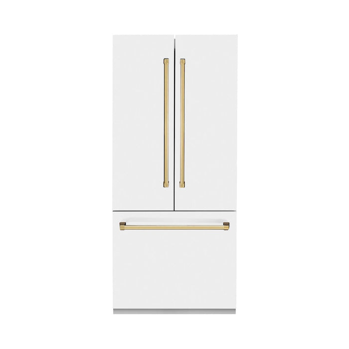 ZLINE Autograph Edition 36 in. 19.6 cu. ft. Built-in 3-Door French Door Refrigerator with Internal Water and Ice Dispenser in White Matte with Polished Gold Accents (RBIVZ-WM-36-G)