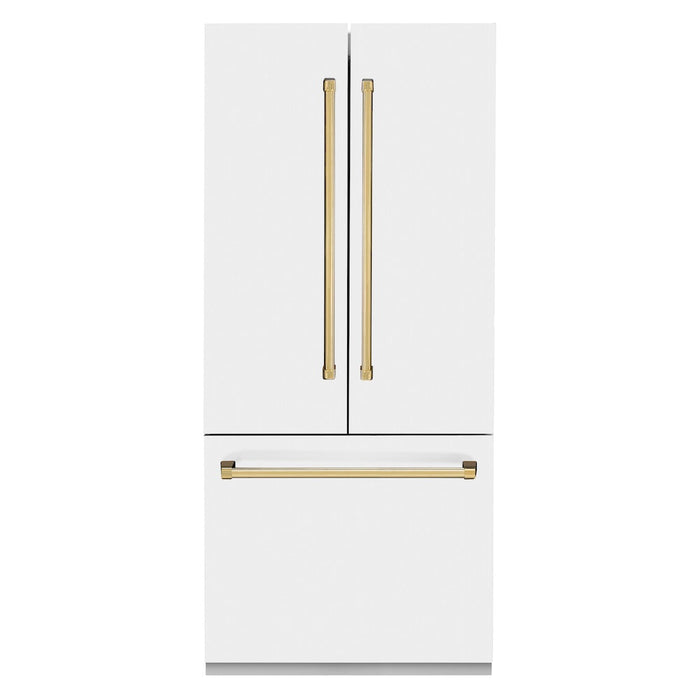 ZLINE Autograph Edition 36 in. 19.6 cu. ft. Built-in 3-Door French Door Refrigerator with Internal Water and Ice Dispenser in White Matte with Polished Gold Accents (RBIVZ-WM-36-G)