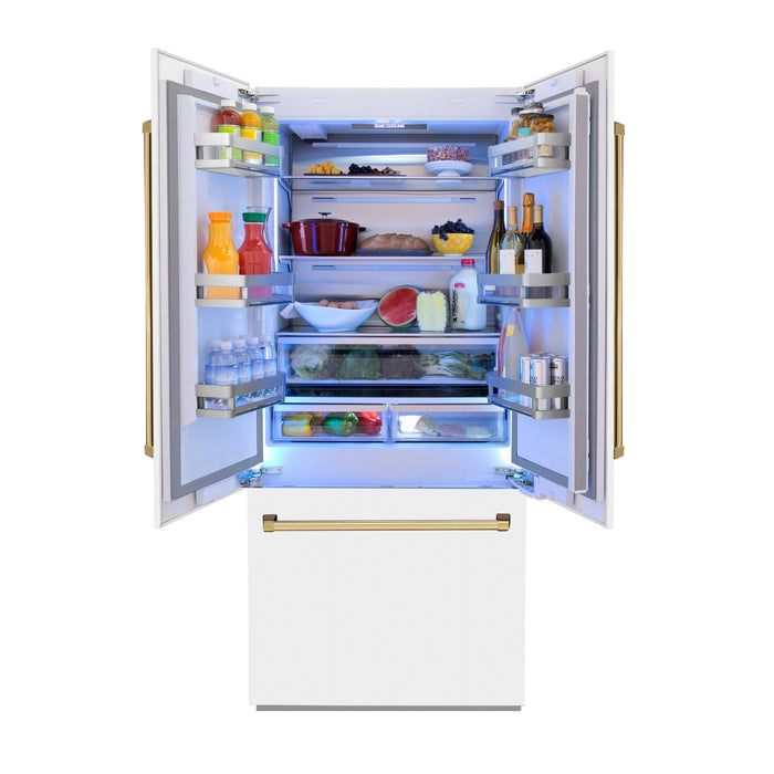 ZLINE 36 In. 19.6 cu. ft. Built-In French Door Refrigerator with Internal Water and Ice Dispenser in White Matte with Gold Accents, RBIVZ-WM-36-G