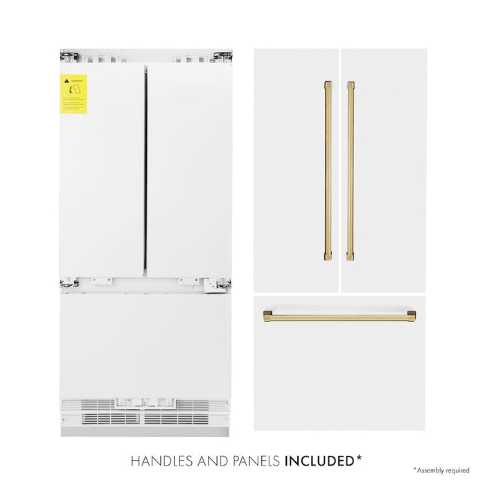 ZLINE Autograph Edition 36 in. 19.6 cu. ft. Built-in 3-Door French Door Refrigerator with Internal Water and Ice Dispenser in White Matte with Polished Gold Accents (RBIVZ-WM-36-G)