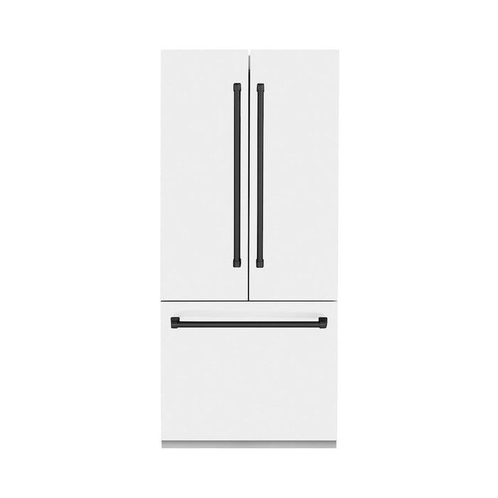 ZLINE Autograph Edition 36 in. 19.6 cu. ft. Built-in 3-Door French Door Refrigerator with Internal Water and Ice Dispenser in White Matte with Matte Black Accents (RBIVZ-WM-36-MB)