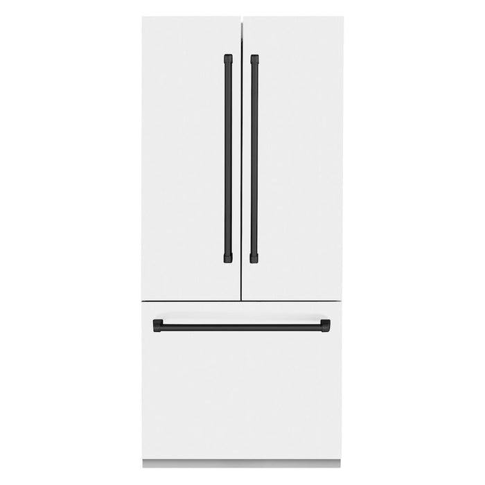 ZLINE Autograph Edition 36 in. 19.6 cu. ft. Built-in 3-Door French Door Refrigerator with Internal Water and Ice Dispenser in White Matte with Matte Black Accents (RBIVZ-WM-36-MB)