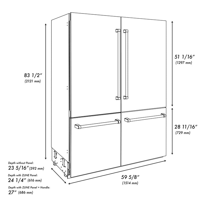 ZLINE 60 In. 32.2 cu. ft. Built-In Refrigerator with Internal Water and Ice Dispenser in White Matte with Champagne Bronze Accents, RBIVZ-WM-60-CB