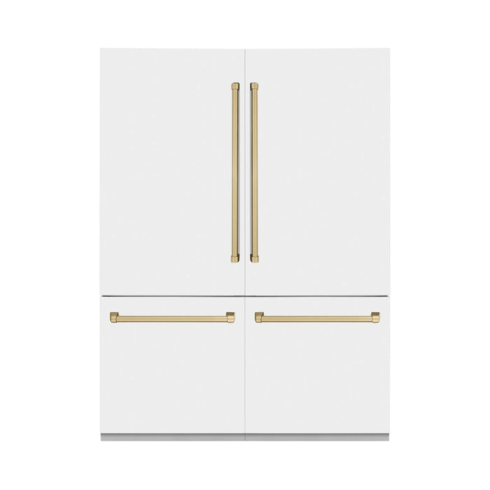 ZLINE Autograph Edition 60 in. 32.2 cu. ft. Built-in 4-Door French Door Refrigerator with Internal Water and Ice Dispenser in White Matte with Champagne Bronze Accents (RBIVZ-WM-60-CB)