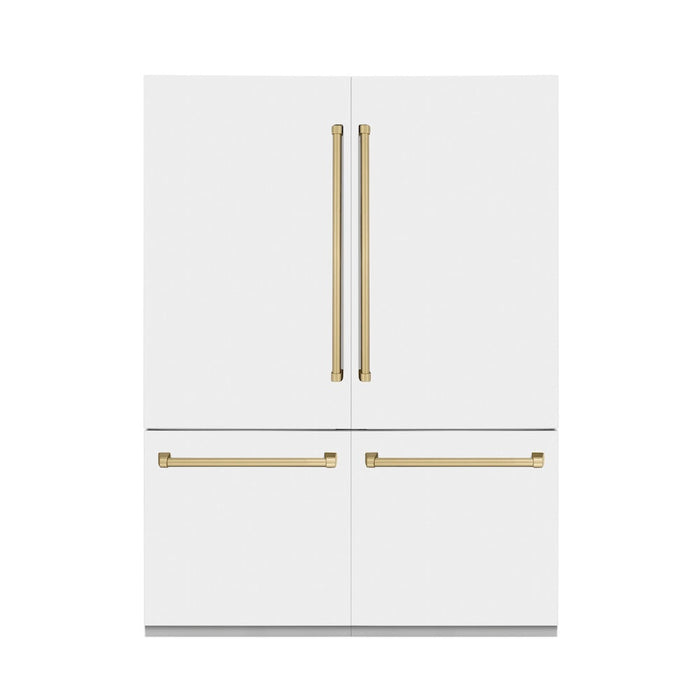 ZLINE Autograph Edition 60 in. 32.2 cu. ft. Built-in 4-Door French Door Refrigerator with Internal Water and Ice Dispenser in White Matte with Champagne Bronze Accents (RBIVZ-WM-60-CB)