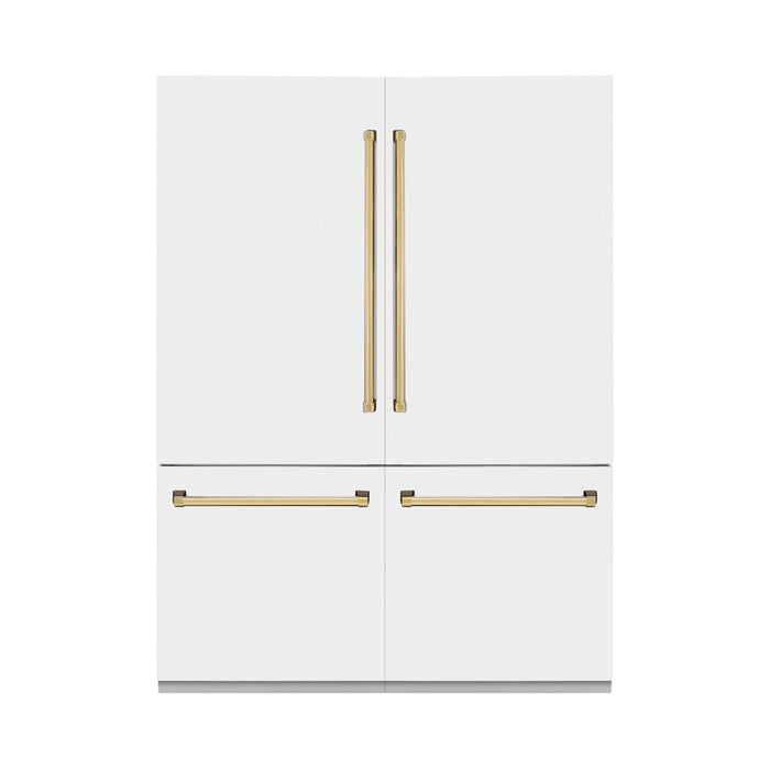 ZLINE Autograph Edition 60 in. 32.2 cu. ft. Built-in 4-Door French Door Refrigerator with Internal Water and Ice Dispenser in White Matte with Polished Gold Accents (RBIVZ-WM-60-G)