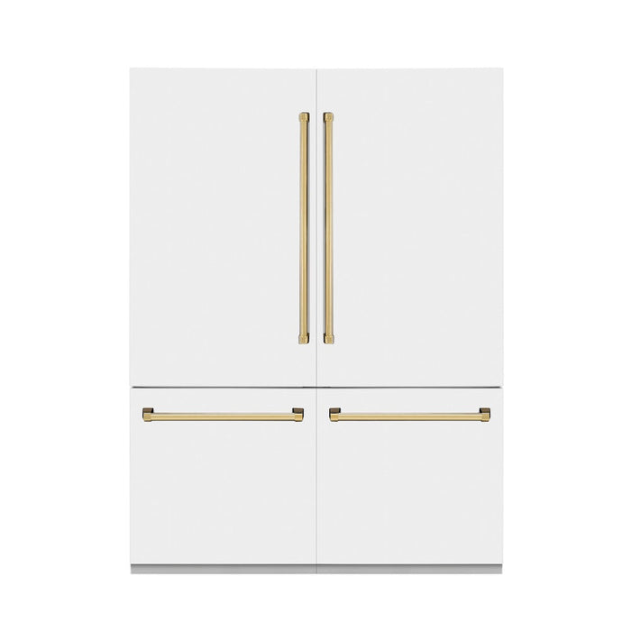 ZLINE Autograph Edition 60 in. 32.2 cu. ft. Built-in 4-Door French Door Refrigerator with Internal Water and Ice Dispenser in White Matte with Polished Gold Accents (RBIVZ-WM-60-G)