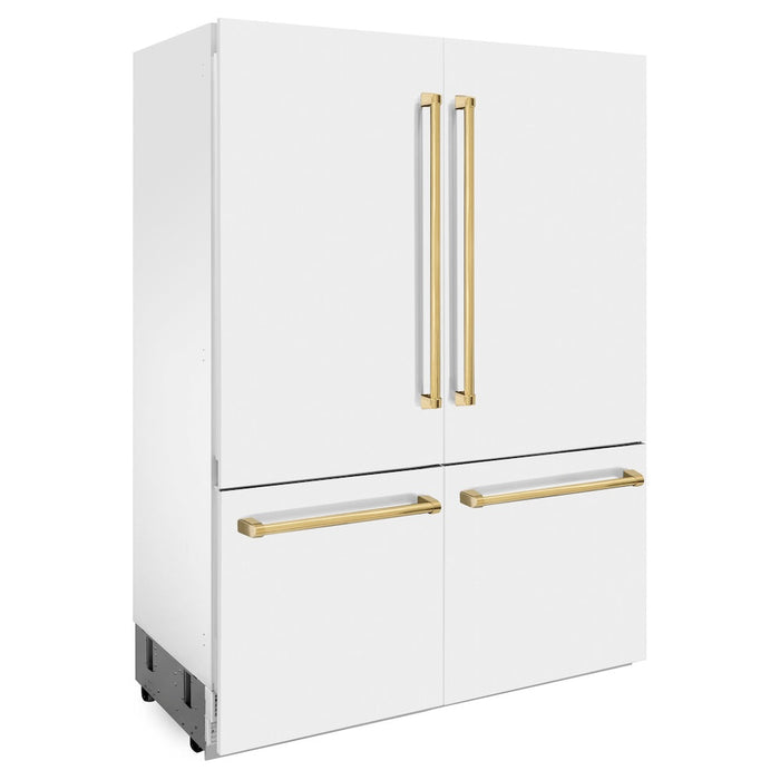 ZLINE Autograph Edition 60 in. 32.2 cu. ft. Built-in 4-Door French Door Refrigerator with Internal Water and Ice Dispenser in White Matte with Polished Gold Accents (RBIVZ-WM-60-G)