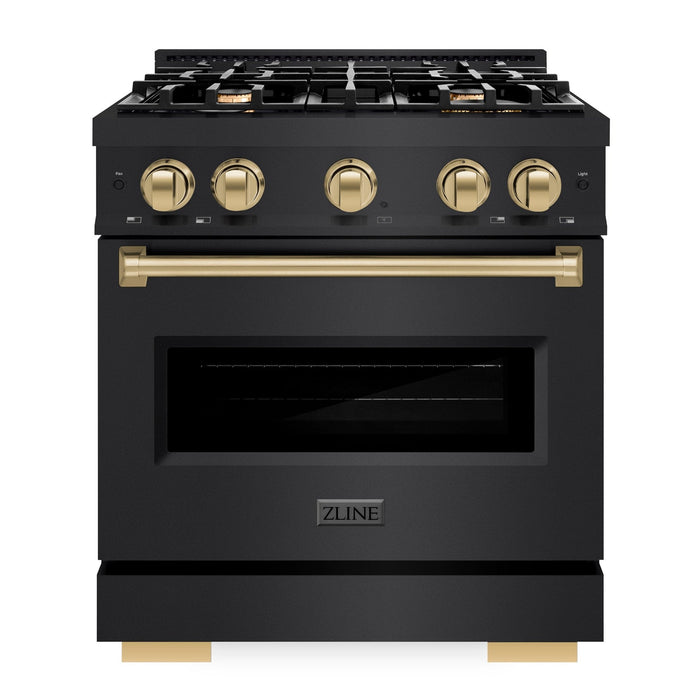 ZLINE Autograph Edition 30" 4.2 cu. ft. Classic Gas Range with 4 Burners in Black Stainless Steel and Champagne Bronze Accents, CGRBZ-30-CB