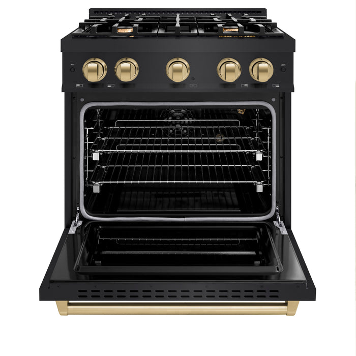 ZLINE Autograph Edition 30" 4.2 cu. ft. Classic Gas Range with 4 Burners in Black Stainless Steel and Champagne Bronze Accents, CGRBZ-30-CB