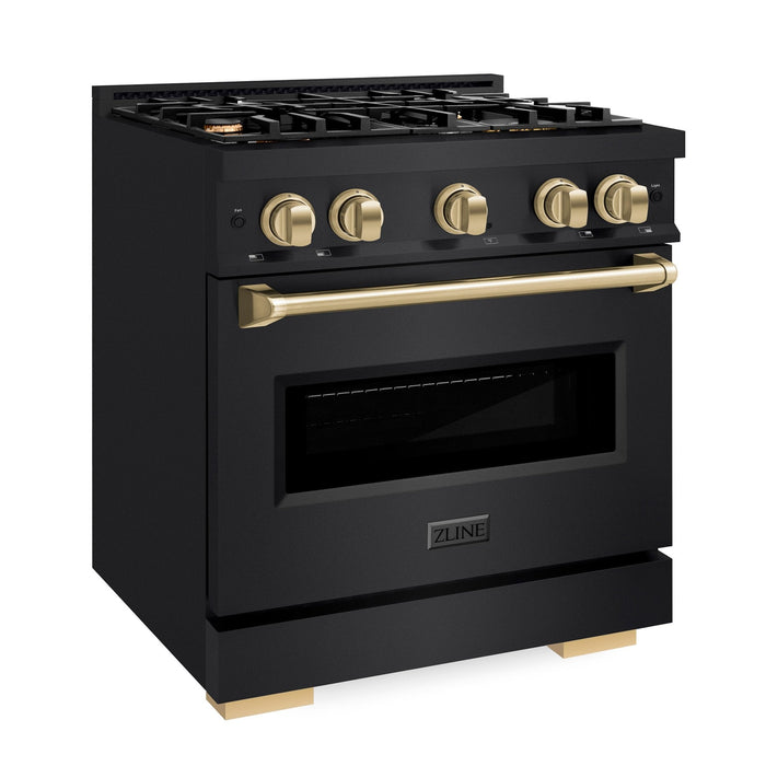 ZLINE Autograph Edition 30" 4.2 cu. ft. Classic Gas Range with 4 Burners in Black Stainless Steel and Champagne Bronze Accents, CGRBZ-30-CB