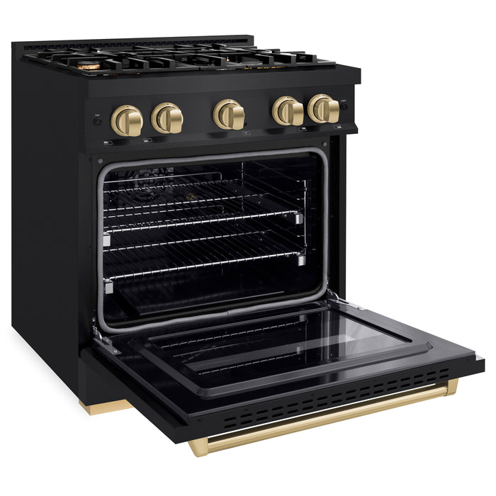 ZLINE Autograph Edition 30" 4.2 cu. ft. Classic Gas Range with 4 Burners in Black Stainless Steel and Champagne Bronze Accents, CGRBZ-30-CB