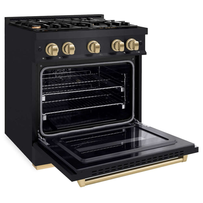 ZLINE Autograph Edition 30 in. 4.2 cu. ft. Classic Gas Range with 4 Burner Cooktop and Convection Gas Oven in Black Stainless Steel and Champagne Bronze Accents (CGRBZ-30-CB)