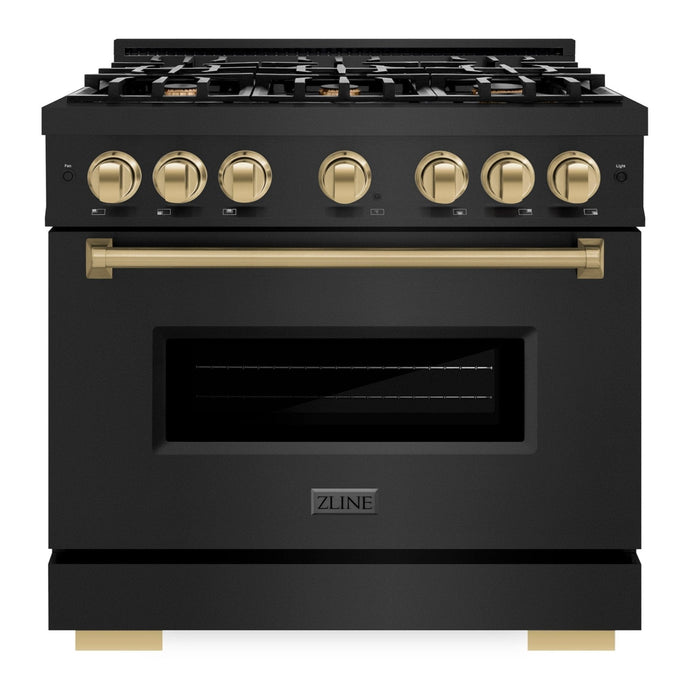 ZLINE Autograph Edition 36" 5.2 cu. ft. Classic Gas Range with 6 Burners in Black Stainless Steel and Champagne Bronze Accents, CGRBZ-36-CB