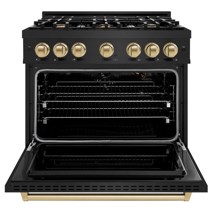 ZLINE Autograph Edition 36" 5.2 cu. ft. Classic Gas Range with 6 Burners in Black Stainless Steel and Champagne Bronze Accents, CGRBZ-36-CB