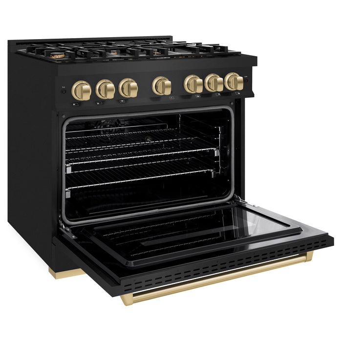 ZLINE Autograph Edition 36" 5.2 cu. ft. Classic Gas Range with 6 Burners in Black Stainless Steel and Champagne Bronze Accents, CGRBZ-36-CB