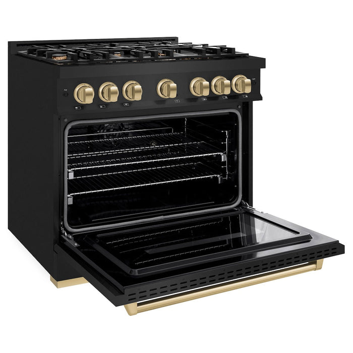 ZLINE Autograph Edition 36 in. 5.2 cu. ft. Classic Gas Range with 6 Burner Cooktop and Convection Gas Oven in Black Stainless Steel and Champagne Bronze Accents (CGRBZ-36-CB)