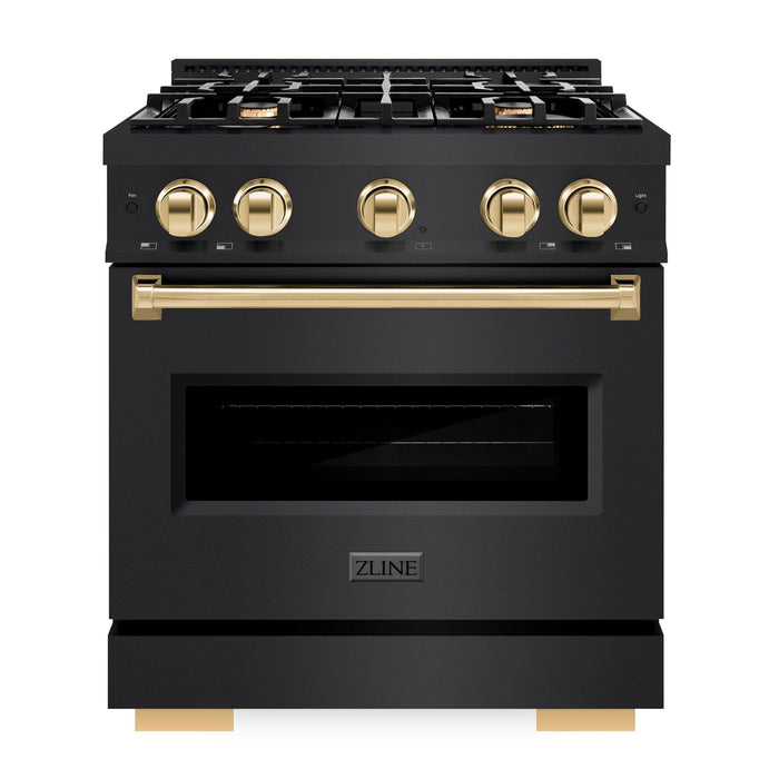 ZLINE Autograph Edition 30" 4.2 cu. ft. Classic Gas Range with 4 Burners in Black Stainless Steel and Polished Gold Accents, CGRBZ-30-G