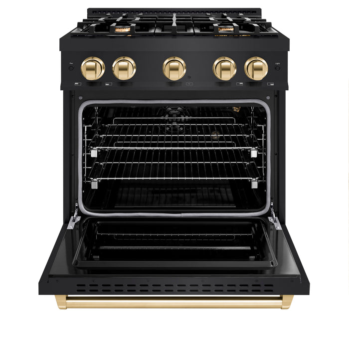 ZLINE Autograph Edition 30" 4.2 cu. ft. Classic Gas Range with 4 Burners in Black Stainless Steel and Polished Gold Accents, CGRBZ-30-G