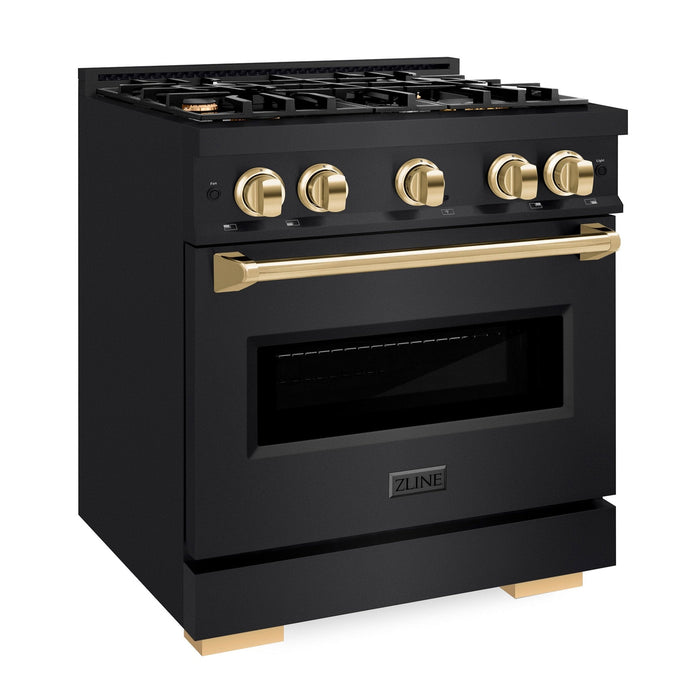 ZLINE Autograph Edition 30" 4.2 cu. ft. Classic Gas Range with 4 Burners in Black Stainless Steel and Polished Gold Accents, CGRBZ-30-G