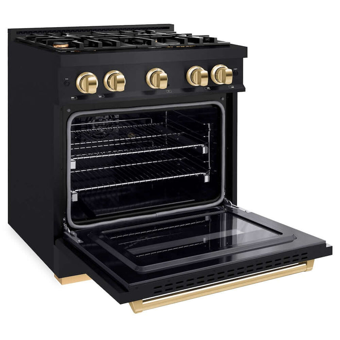 ZLINE Autograph Edition 30 in. 4.2 cu. ft. Classic Gas Range with 4 Burner Cooktop and Convection Gas Oven in Black Stainless Steel and Polished Gold Accents (CGRBZ-30-G)