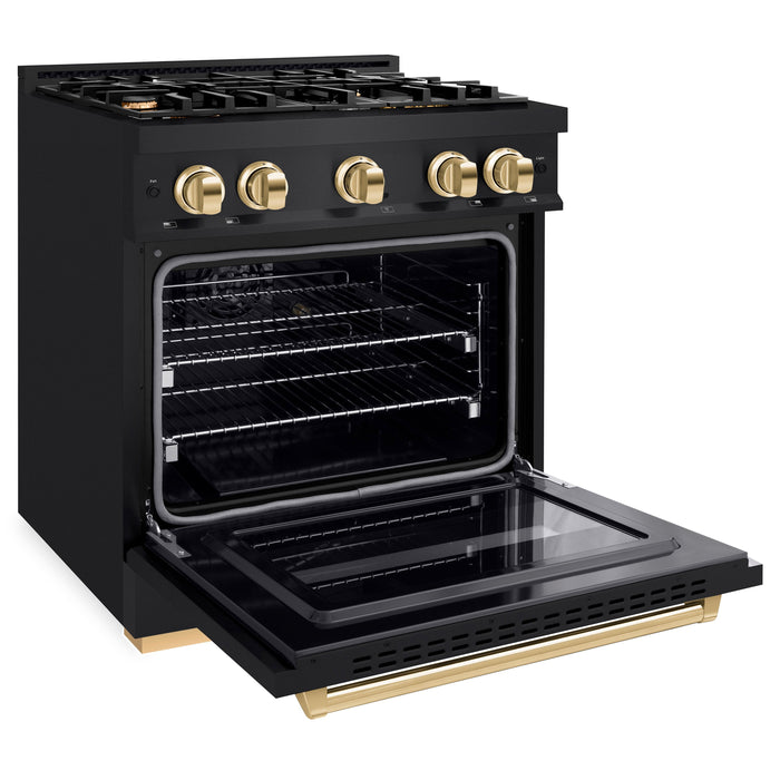 ZLINE Autograph Edition 30" 4.2 cu. ft. Classic Gas Range with 4 Burners in Black Stainless Steel and Polished Gold Accents, CGRBZ-30-G