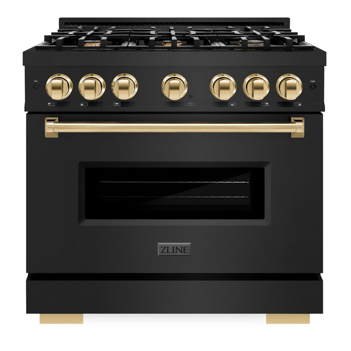 ZLINE Autograph Edition 36" 5.2 cu. ft. Classic Gas Range with 6 Burners in Black Stainless Steel and Polished Gold Accents, CGRBZ-36-G