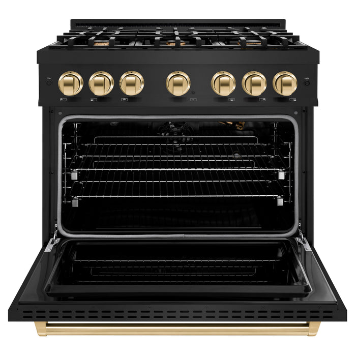 ZLINE Autograph Edition 36" 5.2 cu. ft. Classic Gas Range with 6 Burners in Black Stainless Steel and Polished Gold Accents, CGRBZ-36-G