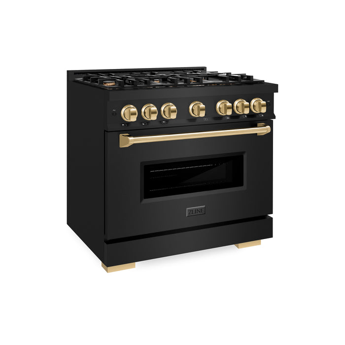 ZLINE Autograph Edition 36" 5.2 cu. ft. Classic Gas Range with 6 Burners in Black Stainless Steel and Polished Gold Accents, CGRBZ-36-G